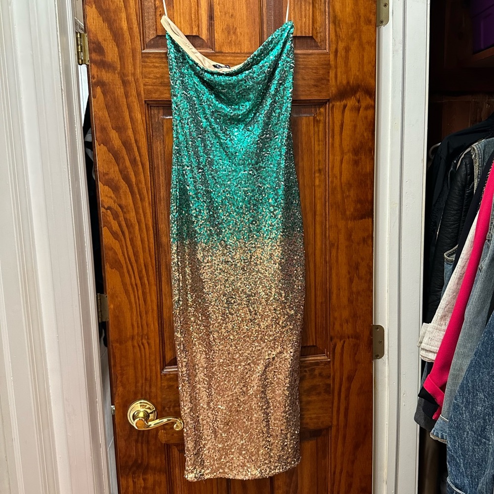 fashion nova strapless, sequin body con dress